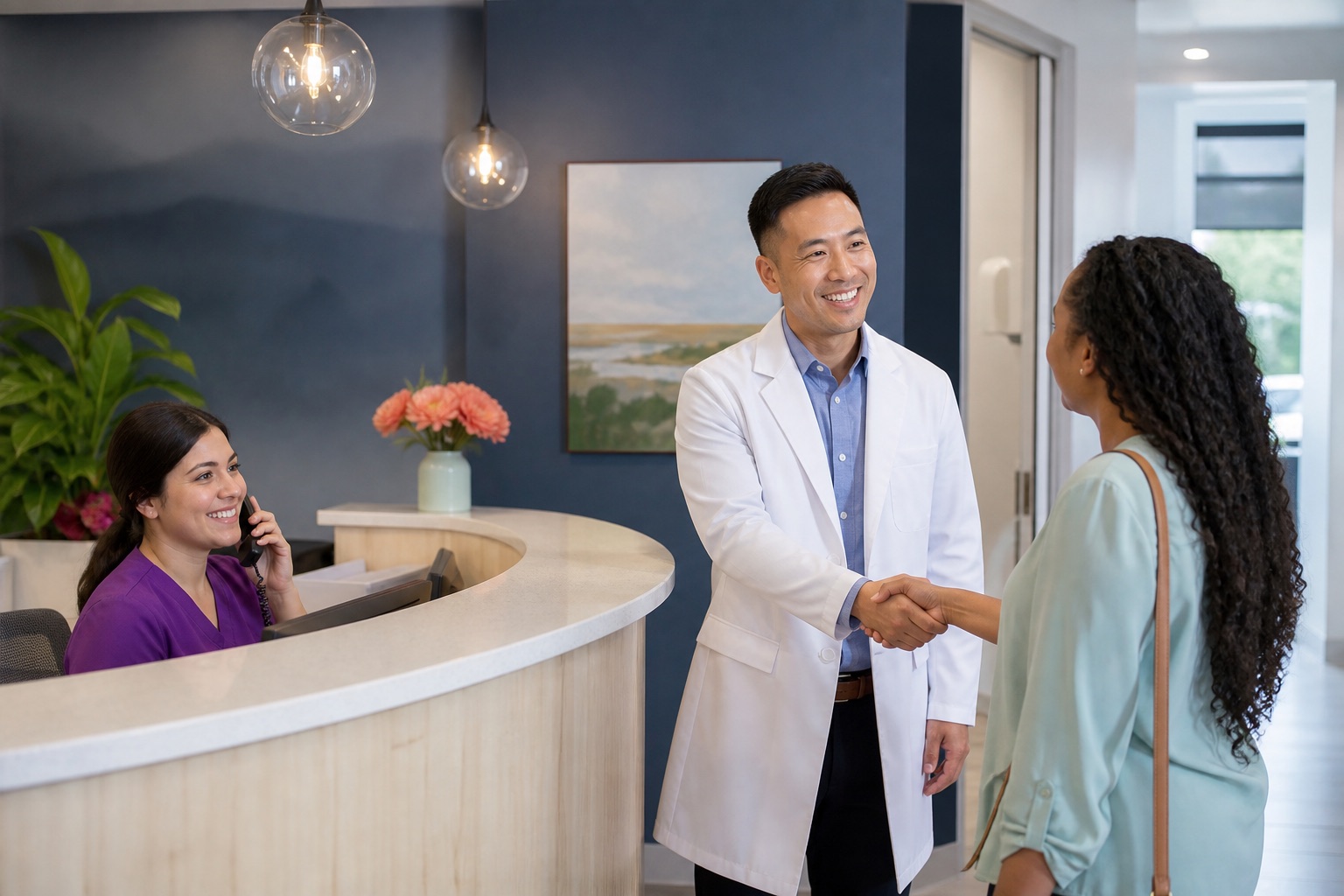 A dentist greeting a patient while the practice coordinator answers an appointment inquiry