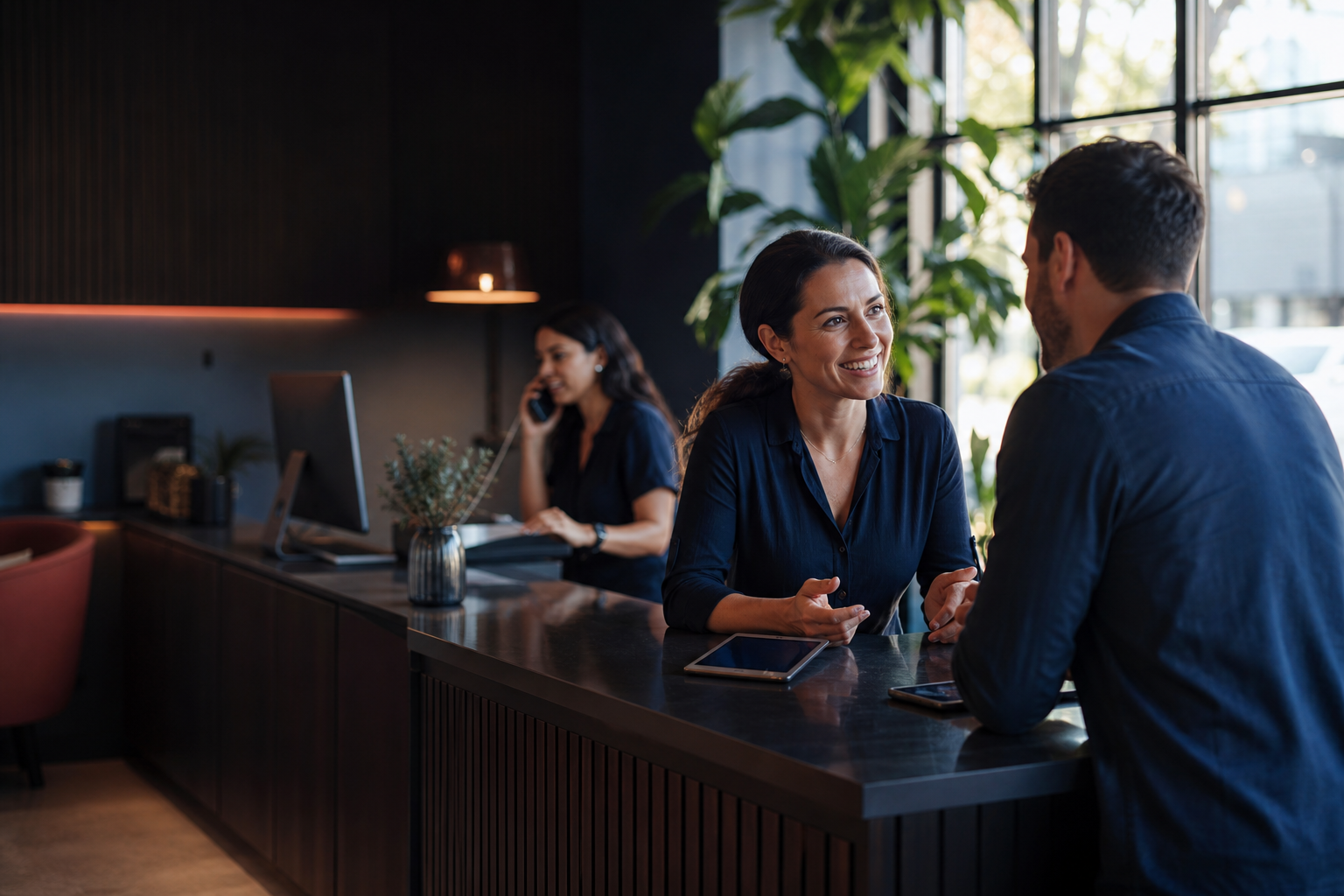 A local business team welcoming a customer while responding to a phone inquiry