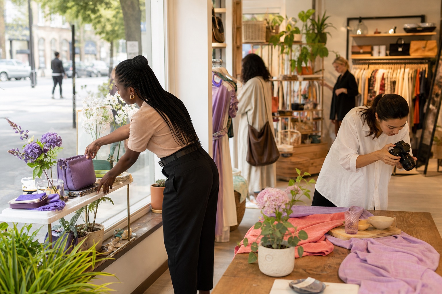 Retail staff arranging a shop display and photographing a new collection while customers browse