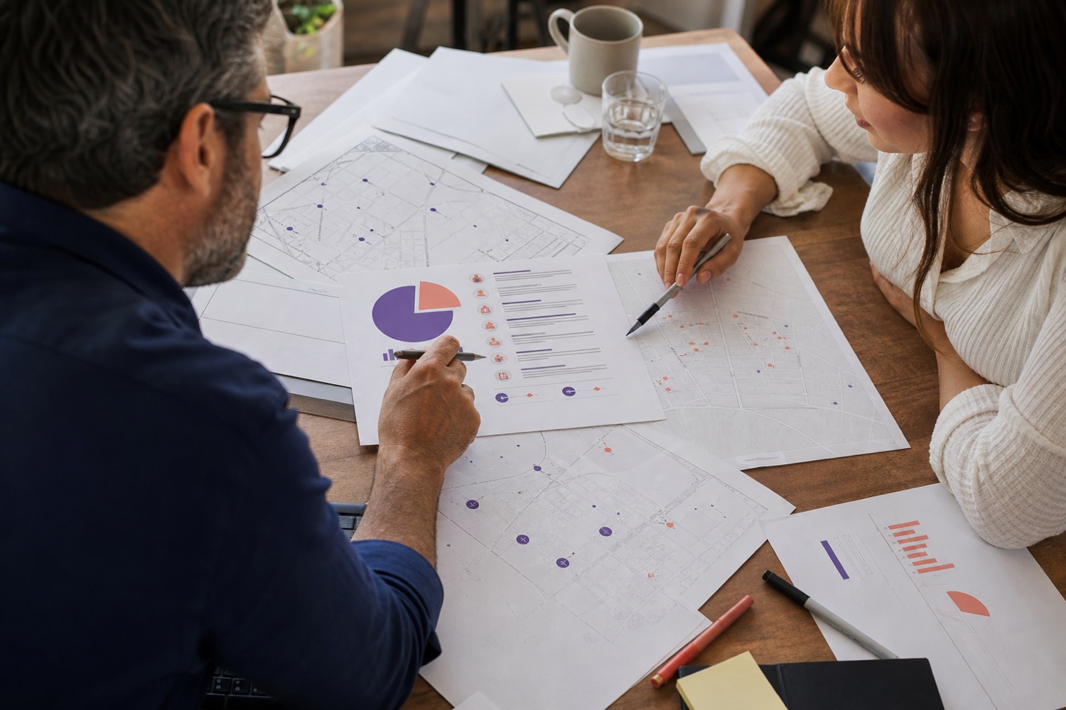 Business leaders reviewing customer and location priorities together